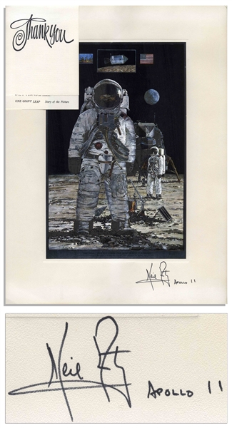 Neil Armstrong Signed Artwork of Armstrong Standing on the Lunar Surface -- Signed ''Neil Armstrong / Apollo 11'', in Near Fine Condition
